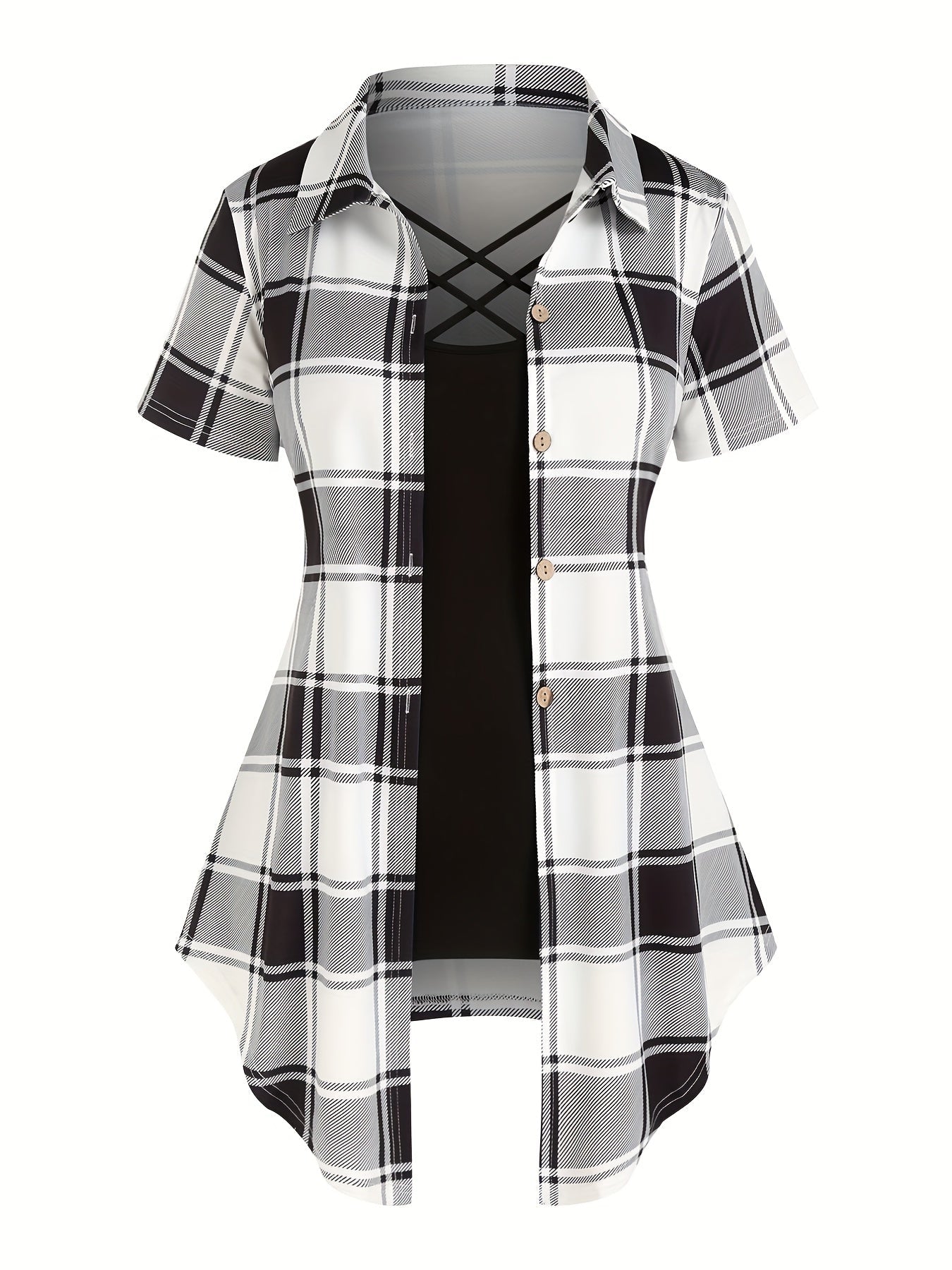 Chemise longue à carreaux style élégant pour femme, manches courtes, col à revers, été
