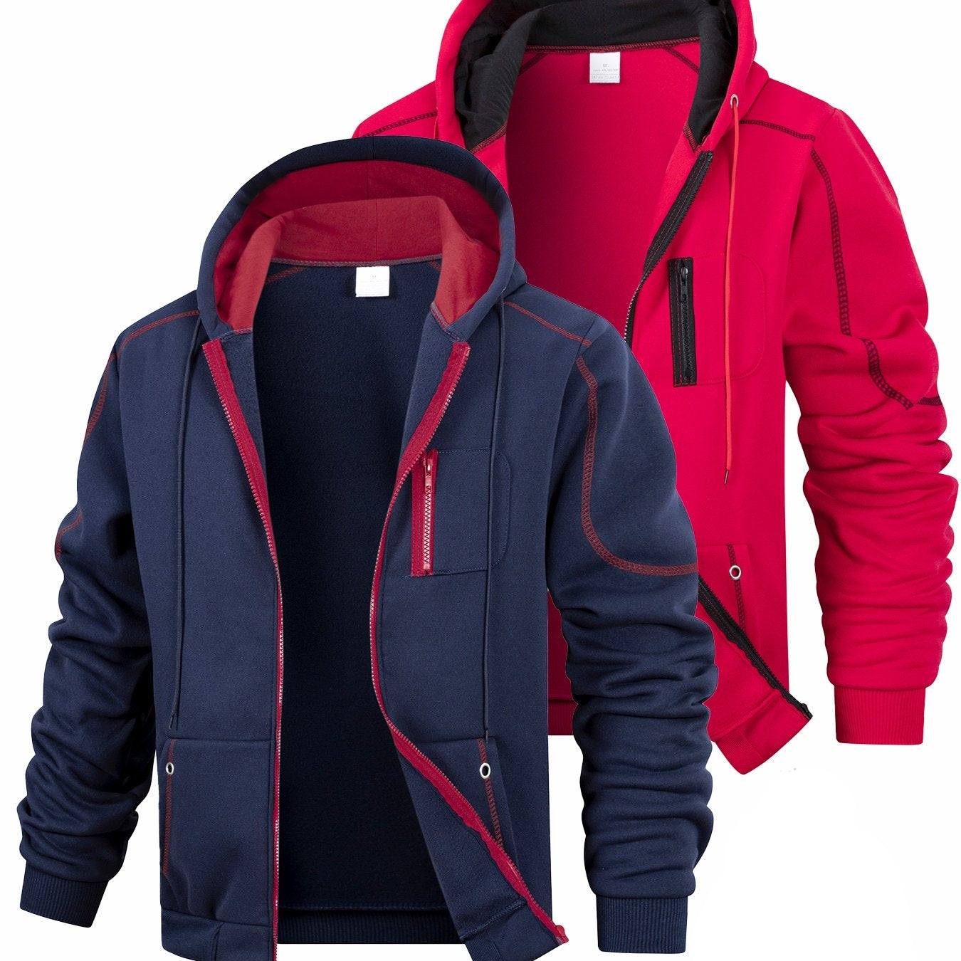 Lot de 2 Hoodies Homme Zippés Bicolores Chauds avec Capuche et Poches