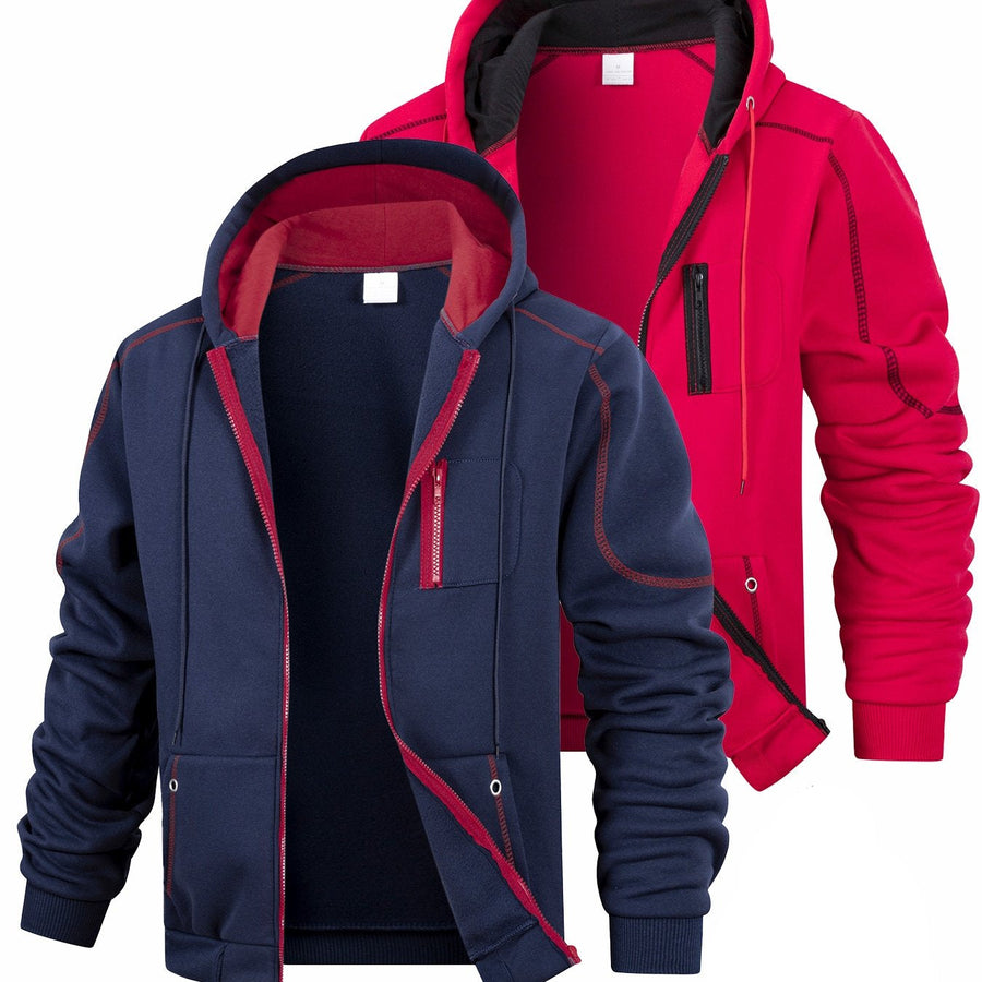 Set of 2 warm two-tone men’s zip-up hoodies with hoods and pockets