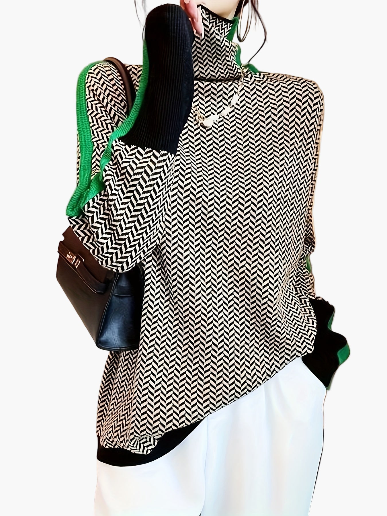 Maglione Invernale Donna Collo Alto Motivo Geometrico Stile Elegante Casual