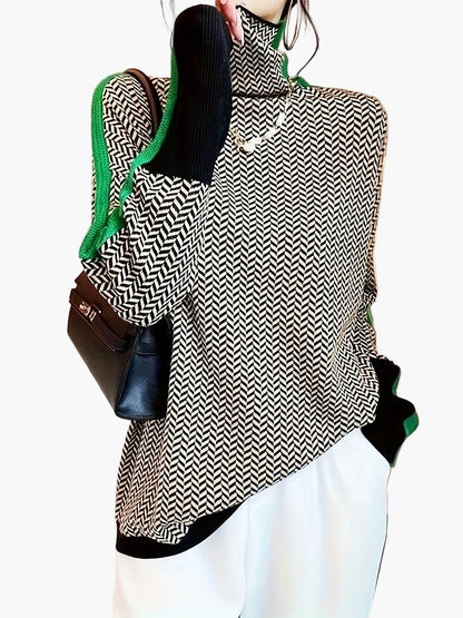 Maglione Invernale Donna Collo Alto Motivo Geometrico Stile Elegante Casual