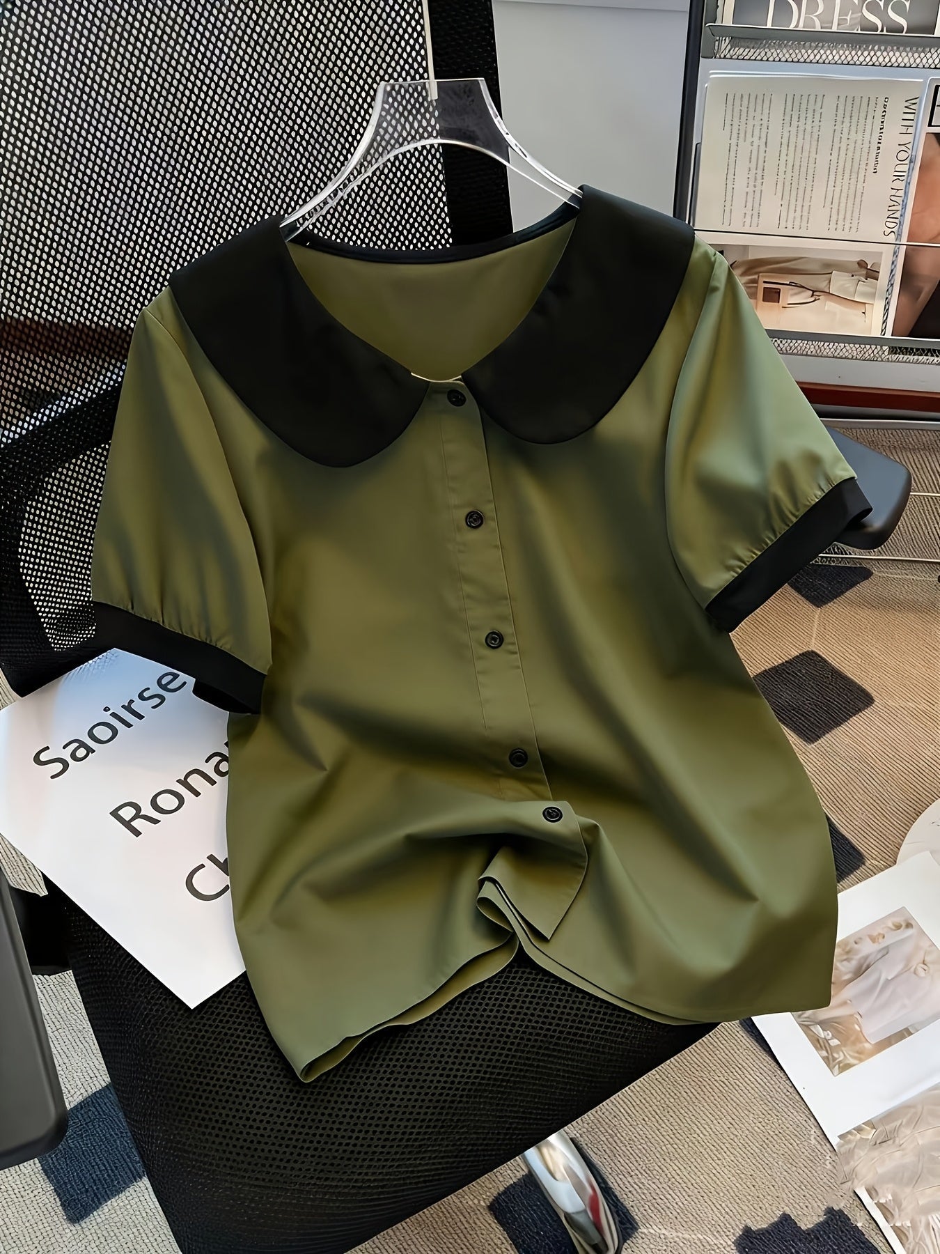 Blusa elegante para mujer con cuello Claudine estilo retro, mangas cortas, ideal para la oficina o salidas