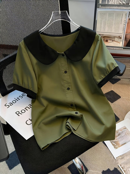 Blusa elegante para mujer con cuello Claudine estilo retro, mangas cortas, ideal para la oficina o salidas
