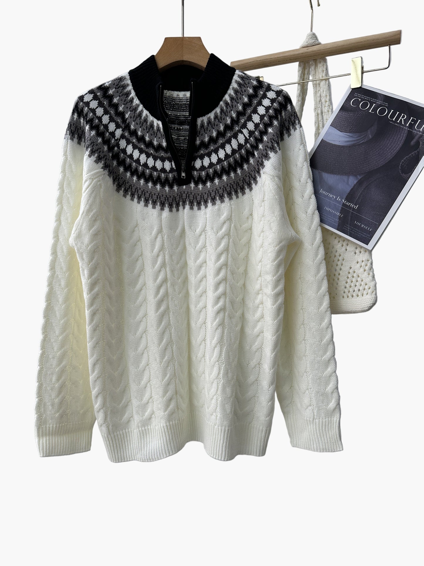 Męski sweter z półzamkiem i stójką w stylu nordyckim casual na zimę