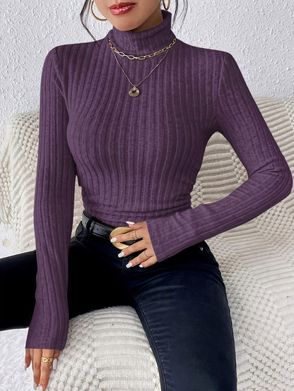 T-shirt Femme Col Montant Nervuré Manches Longues Noir