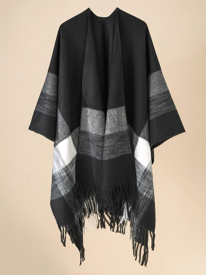Women's Fringe Trim Open Front Poncho Cape