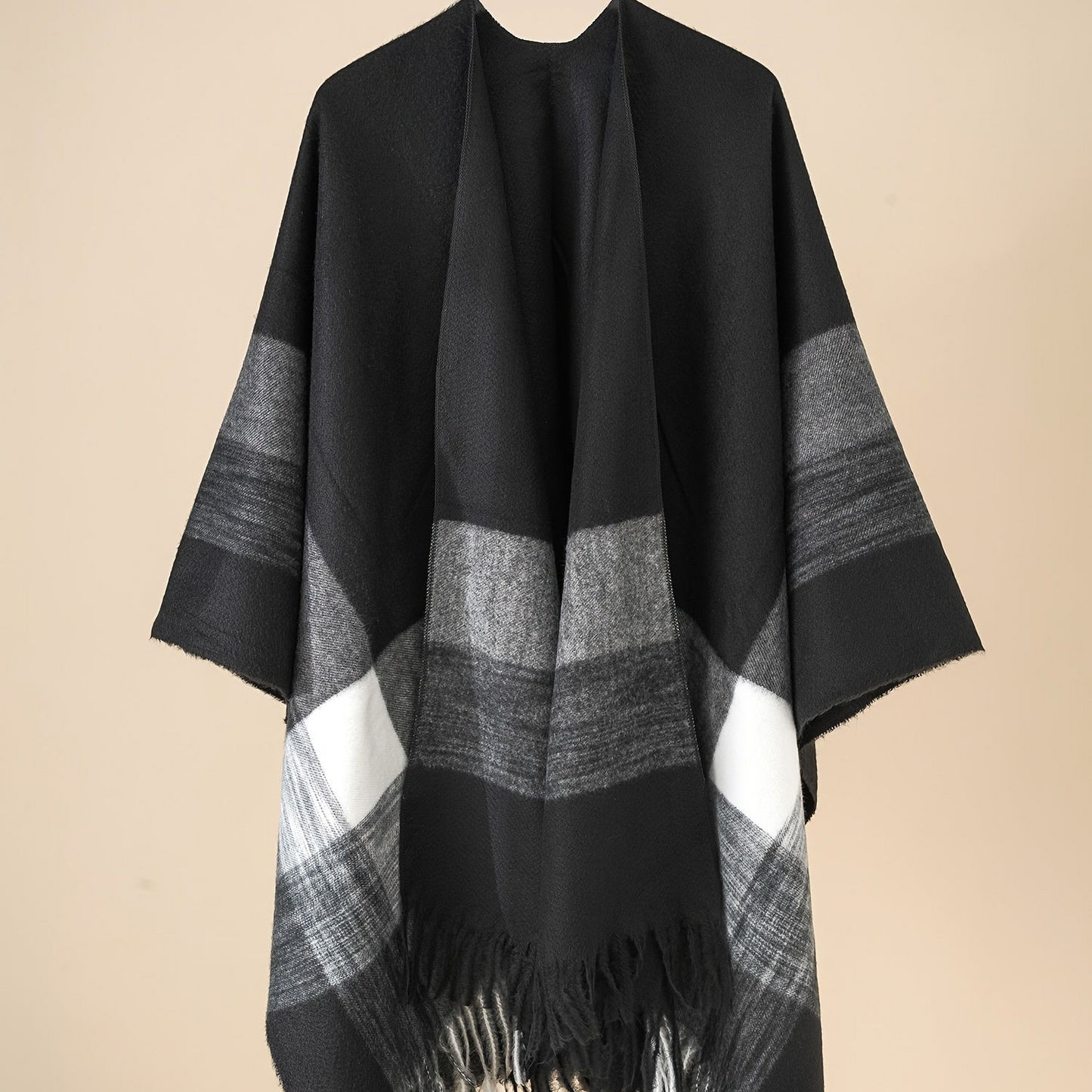 Women's Fringe Trim Open Front Poncho Cape