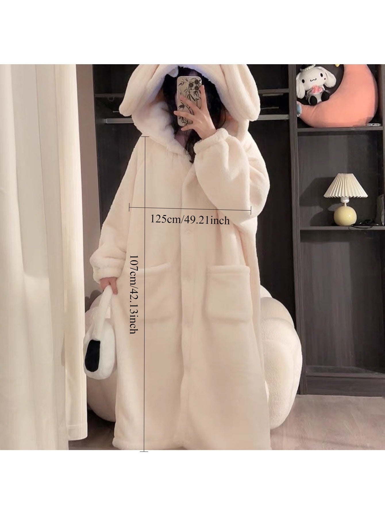 Robe de chambre longue Femme à capuche Oreilles de lapin Blanc cassé Doux Polaire