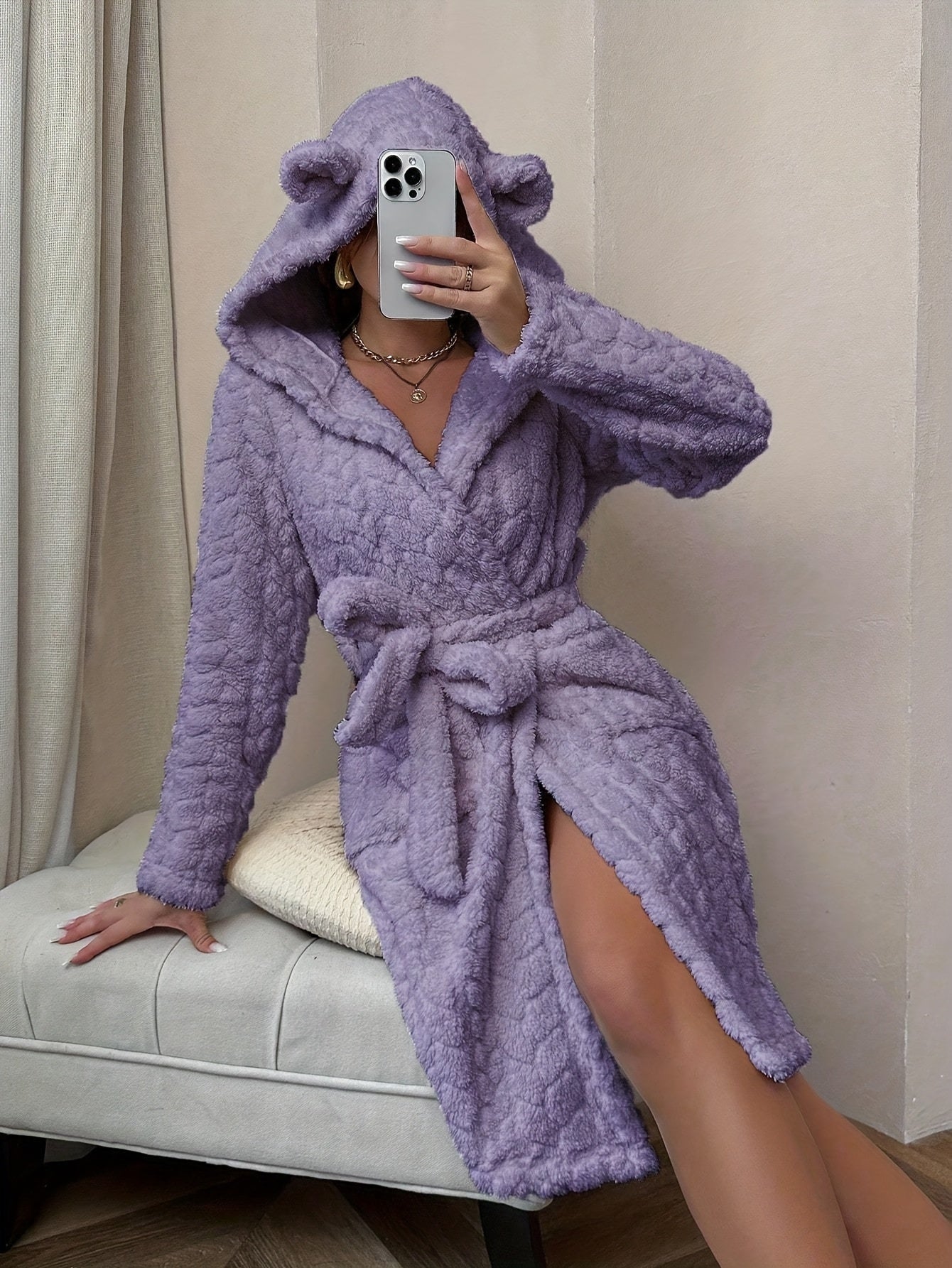 Robe de Chambre Femme à Capuche Ourson Douce Lavande