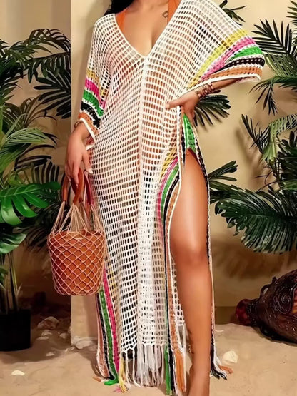 Boho-Strandkleid für Damen mit Lochmaschen und Fransen – Kaftan-Urlaubsstil