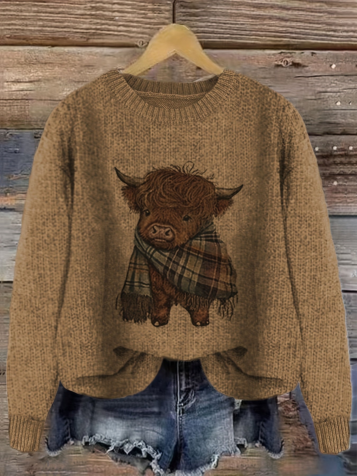 Women's Crew Neck Highland Cow Graphic Pullover Sweater