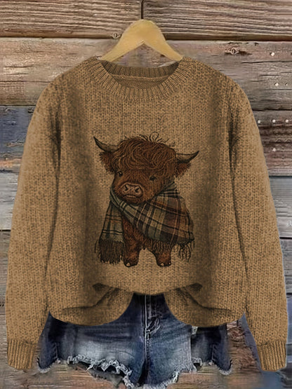 Women's Crew Neck Highland Cow Graphic Pullover Sweater