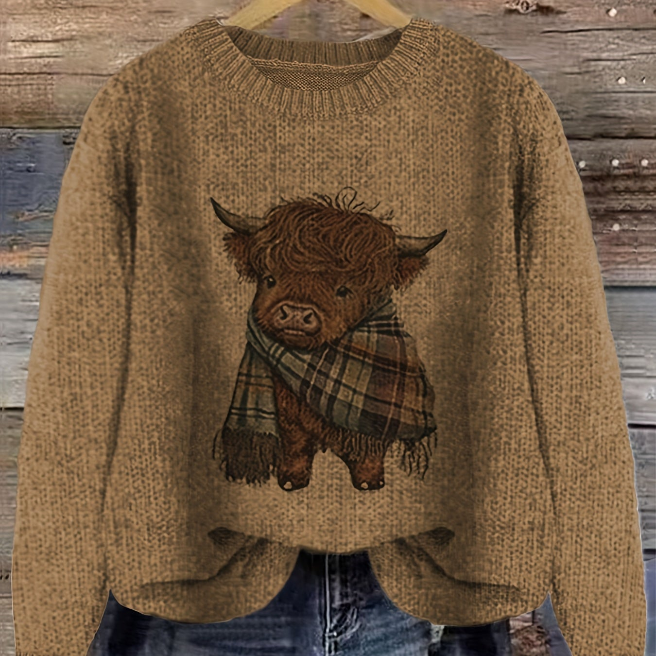 Women's Crew Neck Highland Cow Graphic Pullover Sweater