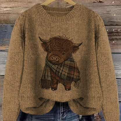 Women's Crew Neck Highland Cow Graphic Pullover Sweater