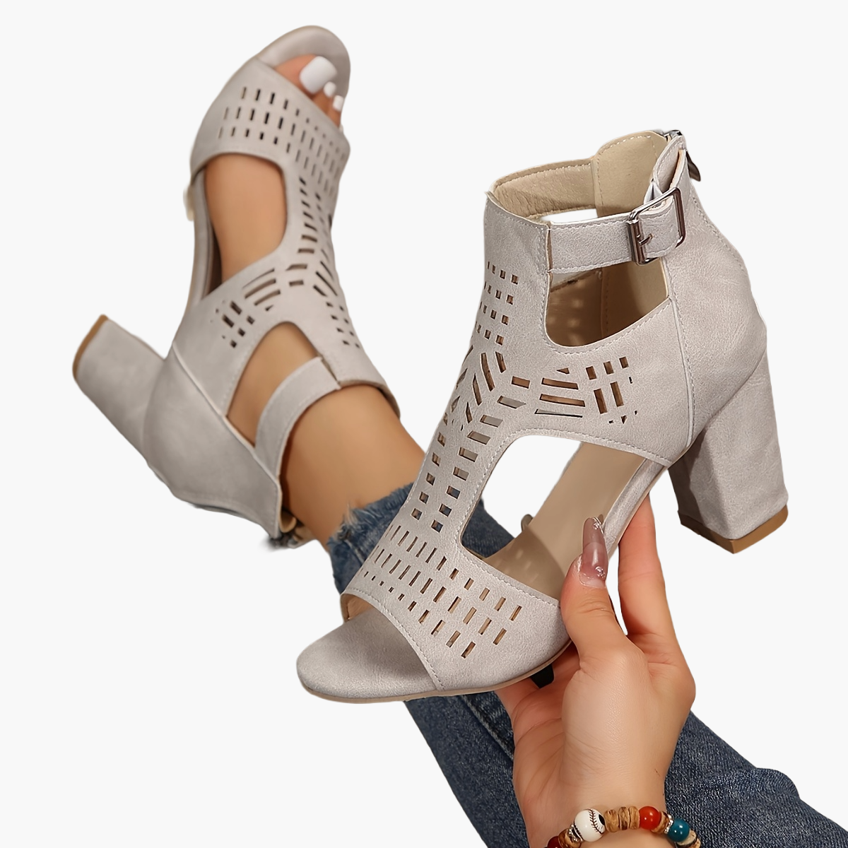 Opengewerkte hoge hak sandalen voor dames, casual avondstijl