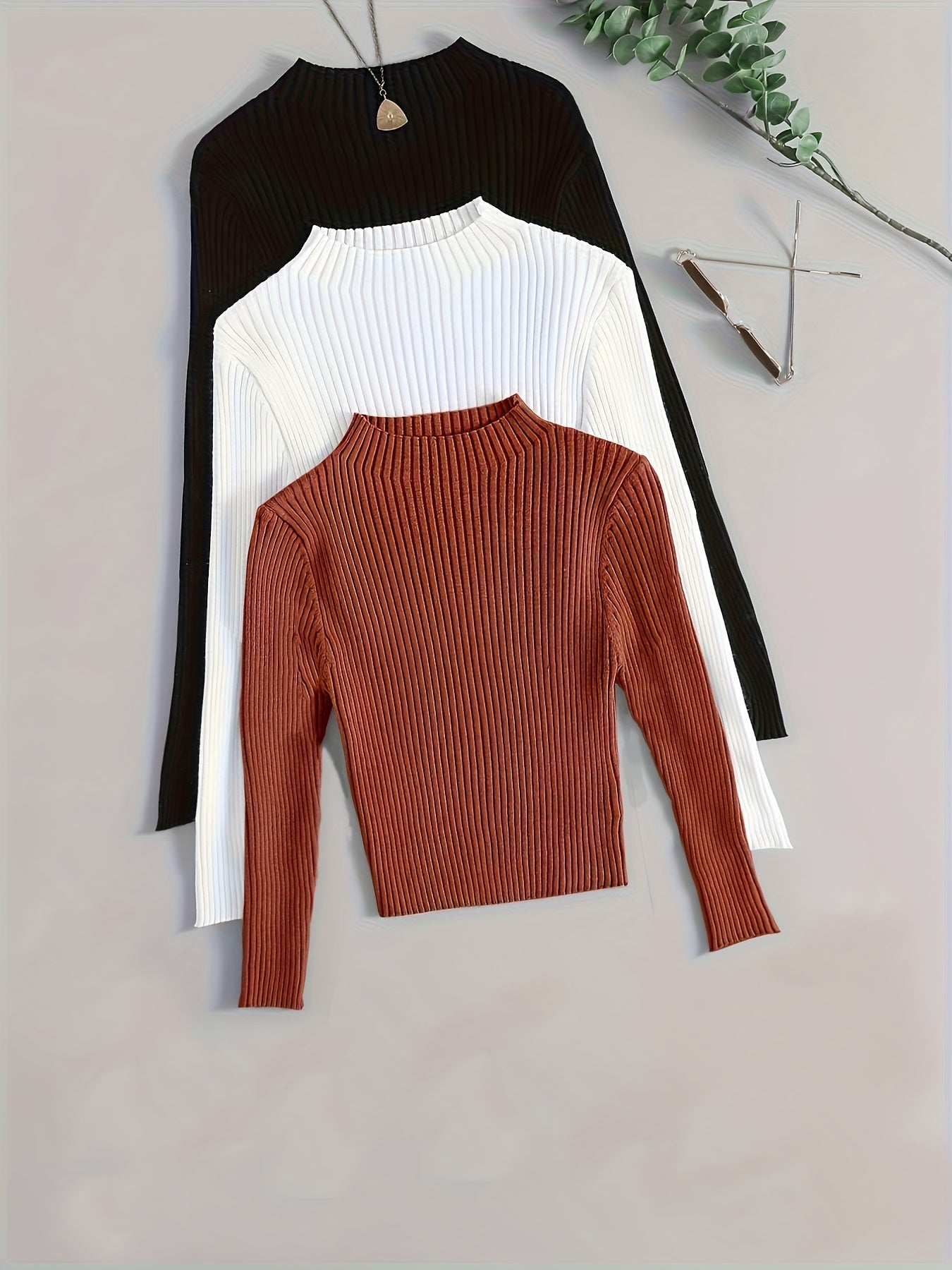 Pull côtelé à col montant pour femme, manches longues