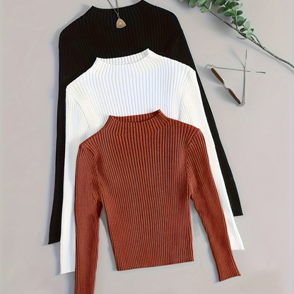 Pull côtelé à col montant pour femme, manches longues