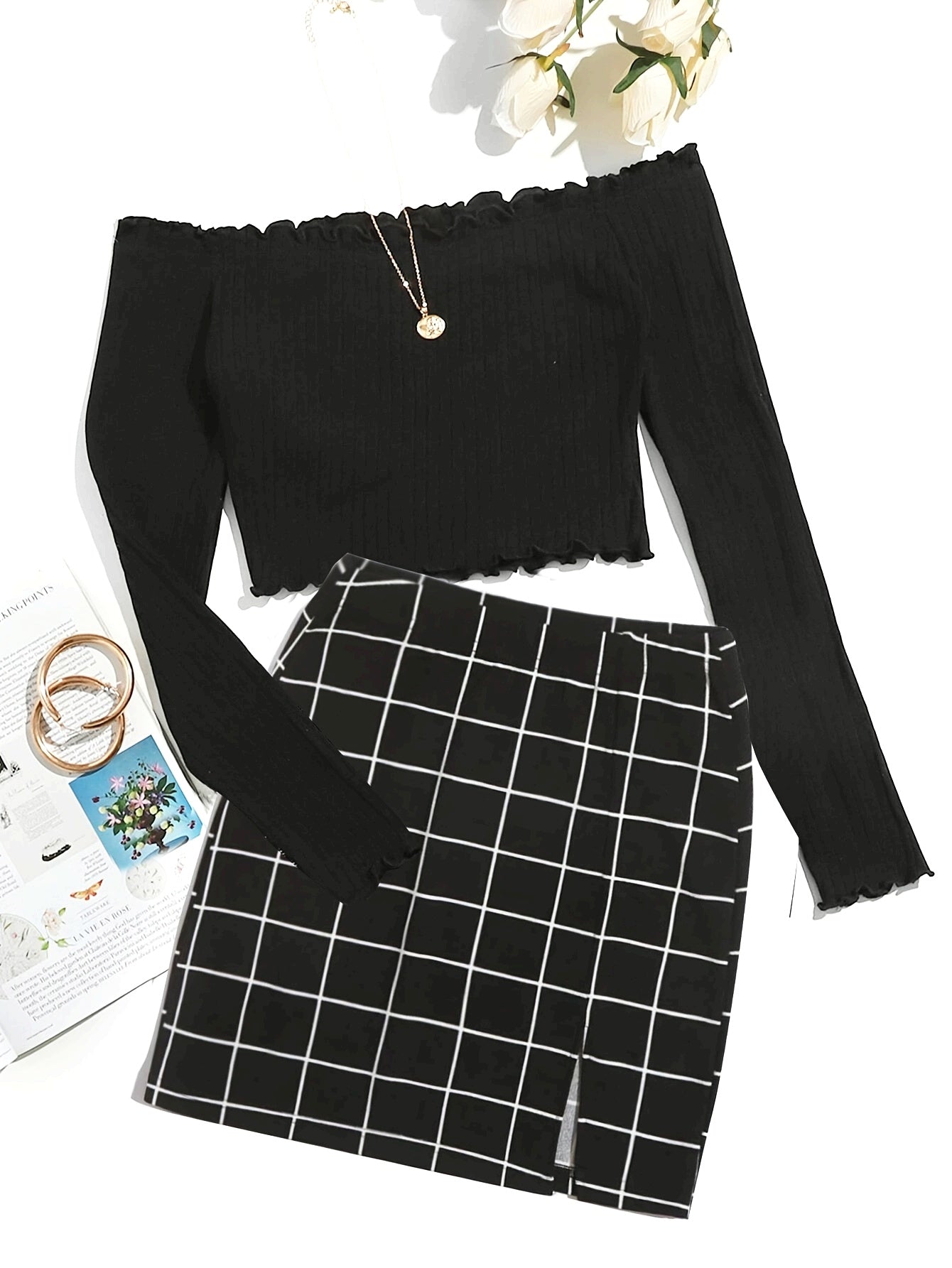 Ensemble Femme Chic à Carreaux Style Épaule Dénudée – Idéal Printemps Été