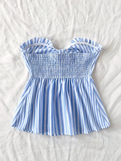 Striped tied-front bustier top casual style for women