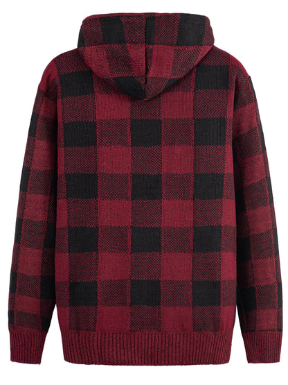 Cardigan Homme à Capuche Carreaux Marron Noir Fermeture Éclair Doublure Chaude