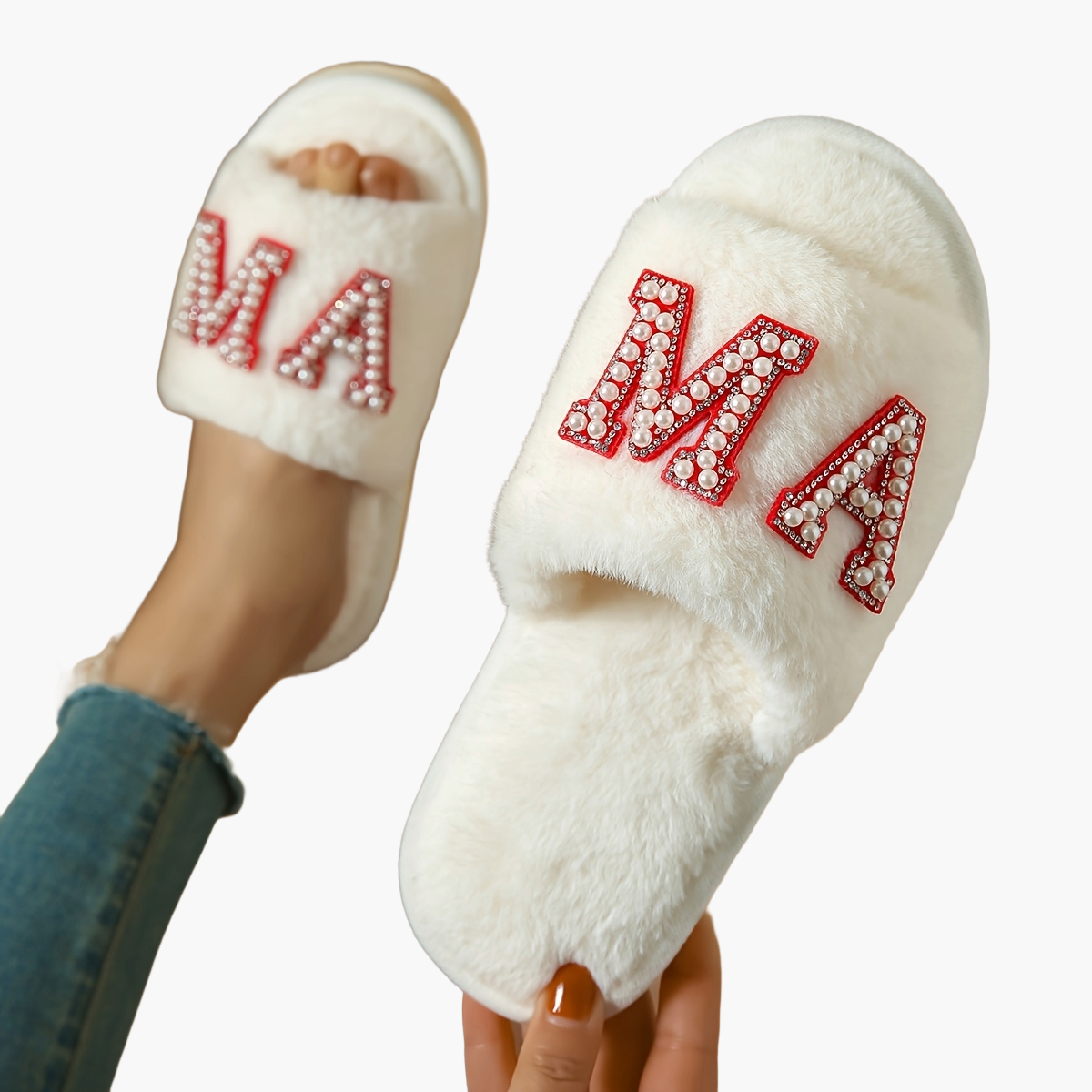 Kapcie damskie w stylu przytulnym z haftem 'MA' dla mamy – modne i wygodne do domu
