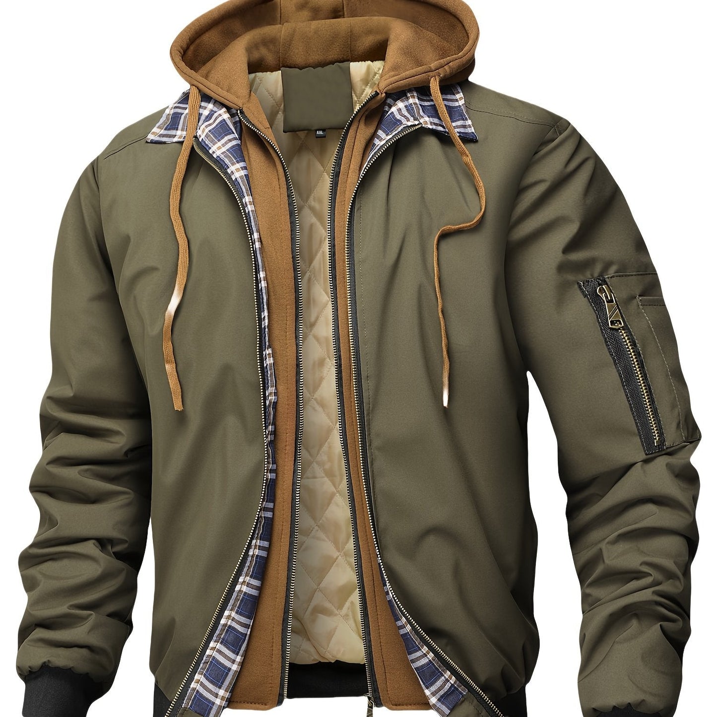 Veste homme style bombardier avec capuche et doublure matelassée amovible, beige