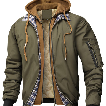 Veste homme style bombardier avec capuche et doublure matelassée amovible, beige