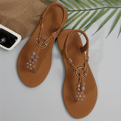 Sandali bassi bohemien da donna stile infradito con perle geometriche e fiore decorativo
