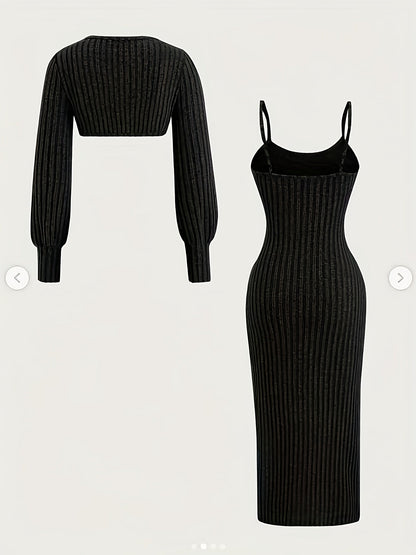 Ensemble Robe Midi Bretelles Fines & Boléro Court Manches Longues Maille Côtelée