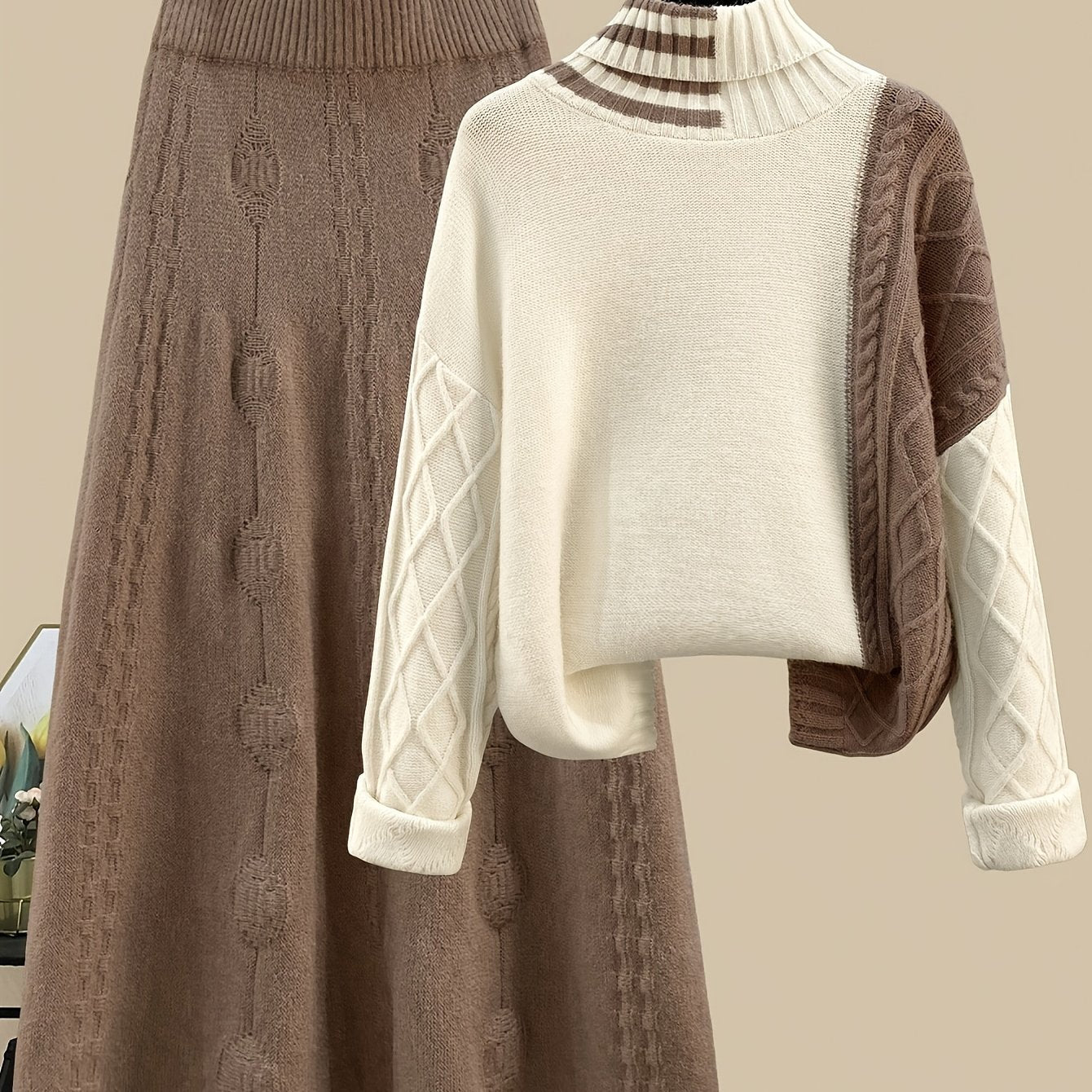Ensemble Jupe Longue Tricotée et Pull Col Roulé Femme Bicolore Marron Crème Motif Torsadé