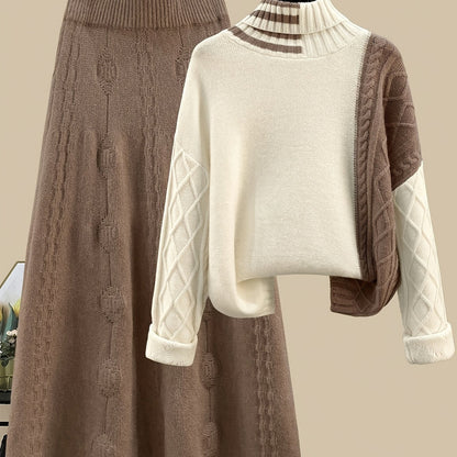 Ensemble Jupe Longue Tricotée et Pull Col Roulé Femme Bicolore Marron Crème Motif Torsadé