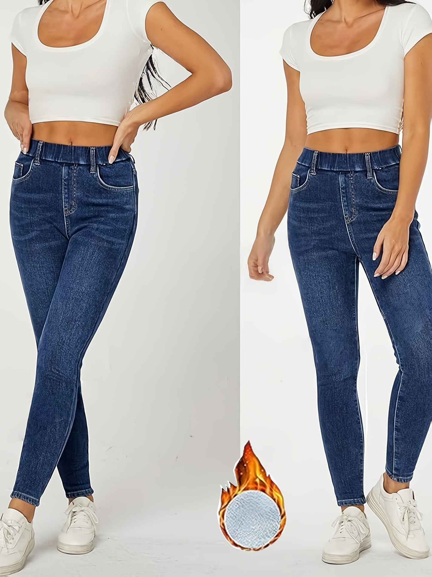 Jean slim femme bleu doublé thermique doux pour l'hiver