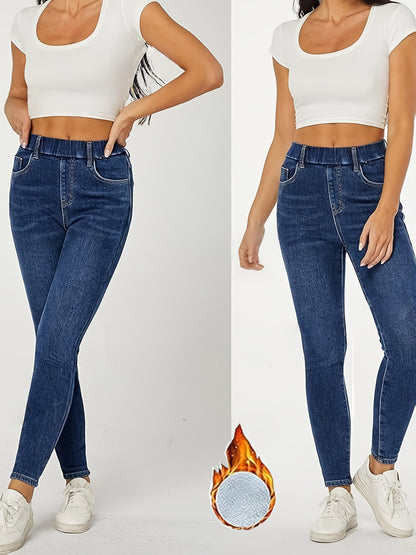 Jean slim femme bleu doublé thermique doux pour l'hiver