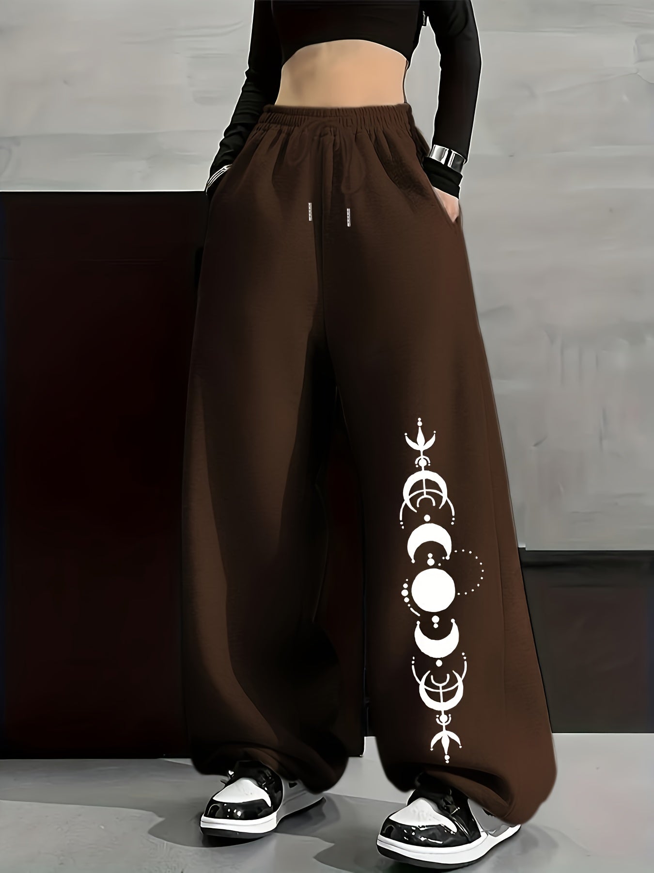 Pantalon large décontracté Femme avec imprimé phases de lune, taille élastiquée et poches