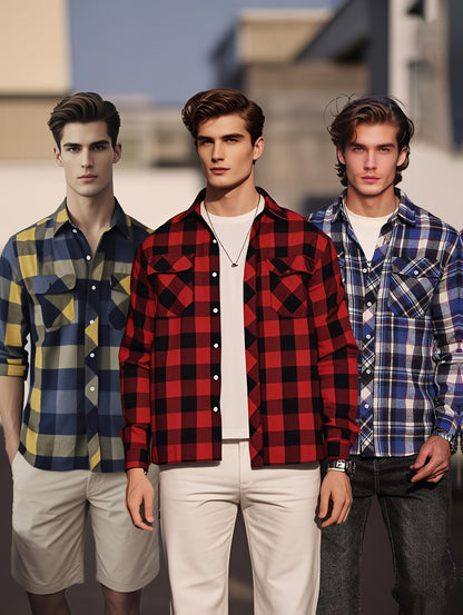 Chemise à Carreaux Homme Manches Longues à Col Classique et Poches Poitrine