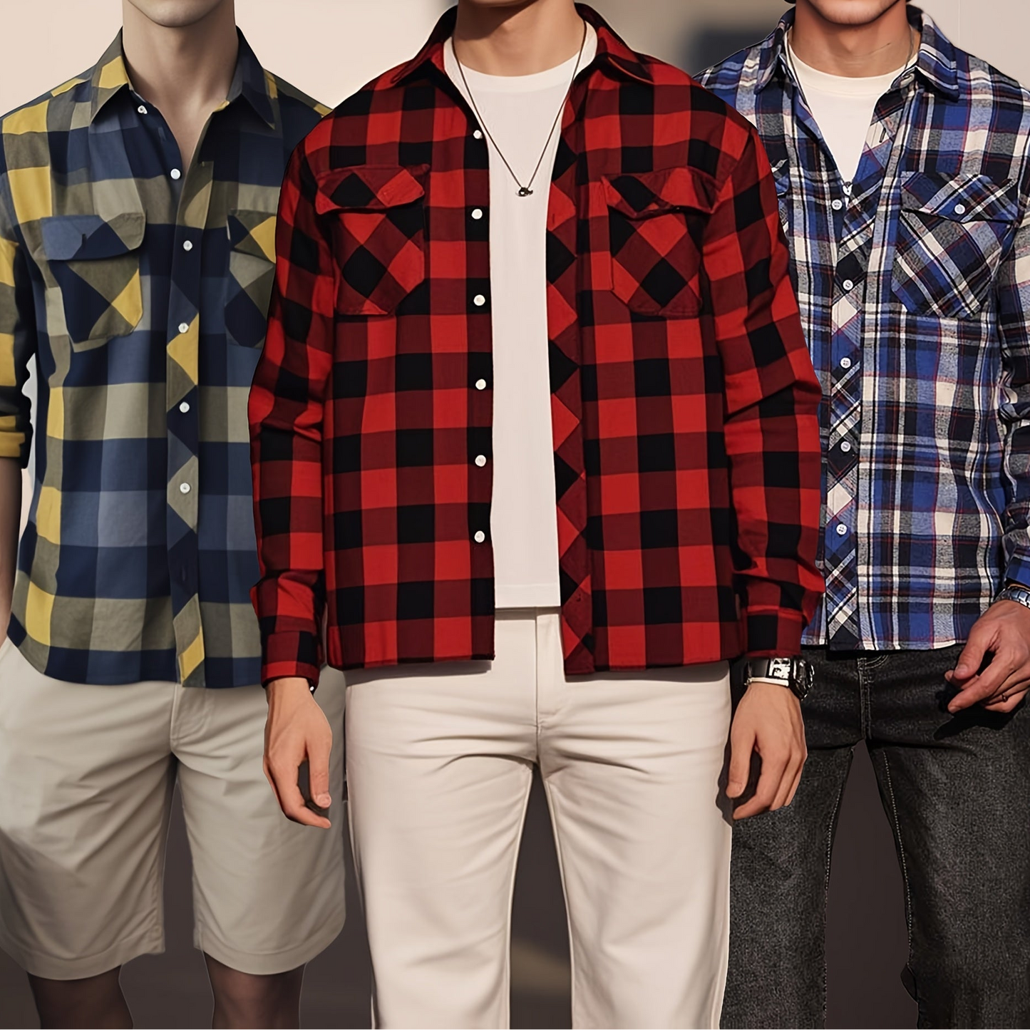 Chemise à Carreaux Homme Manches Longues à Col Classique et Poches Poitrine