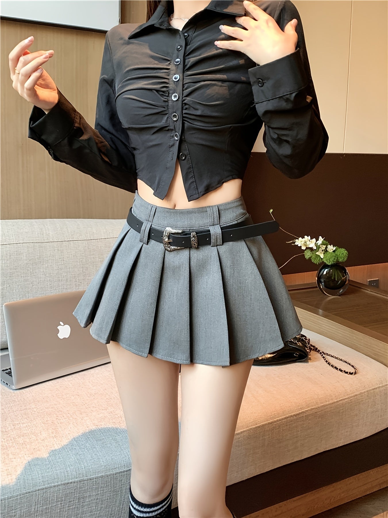 Plissé rok met hoge taille en sexy stijl voor dames, met riem, ideaal voor een moderne look