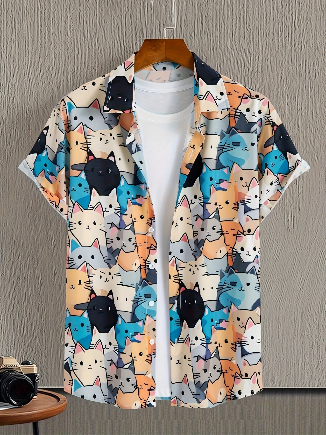 Chemise homme décontractée à manches courtes imprimé chats style ludique