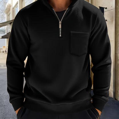 Sweat-shirt Homme Col Montant Zippé avec Poche Poitrine Couleur Unie