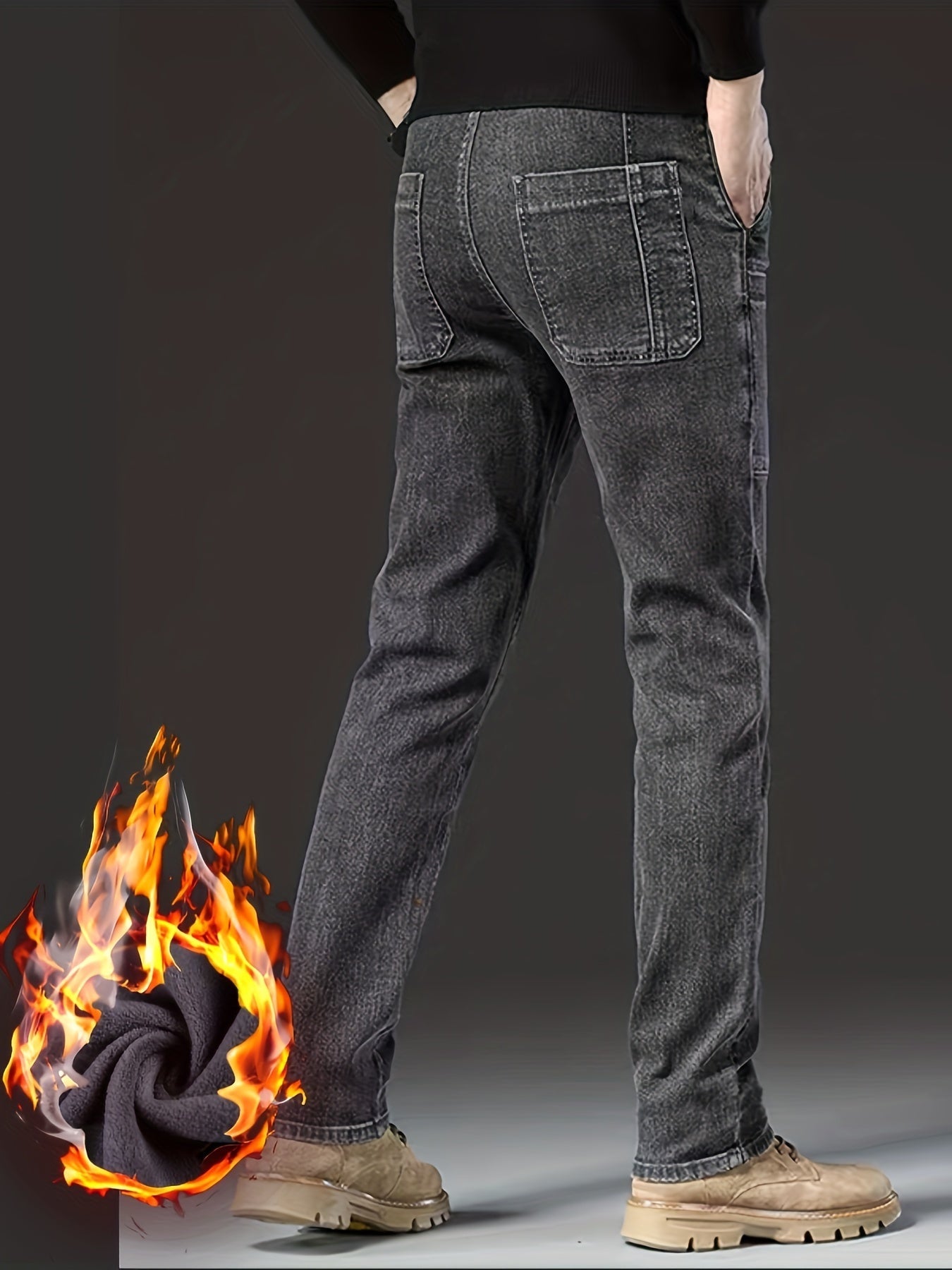 Jean Cargo Homme Hiver Doublé Polaire Coupe Droite Poches Multiples Couleur Unie