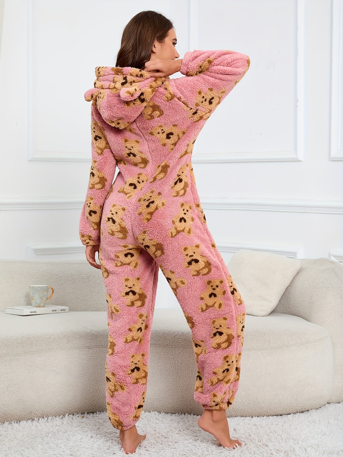 Combinaison Pyjama Polaire Femme à Capuche Ourson ou Pois Colorés Fermeture Éclair