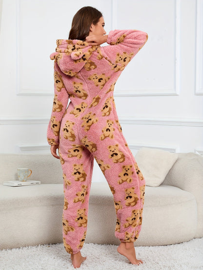 Combinaison Pyjama Polaire Femme à Capuche Ourson ou Pois Colorés Fermeture Éclair