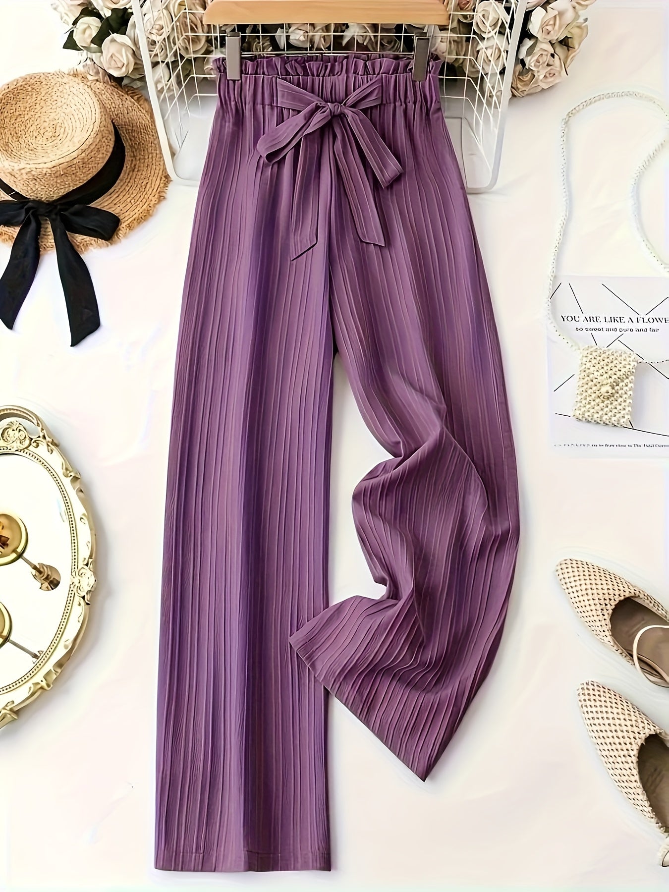 Pantalon large droit à taille élastique avec ceinture nœud pour femme, style élégant décontracté