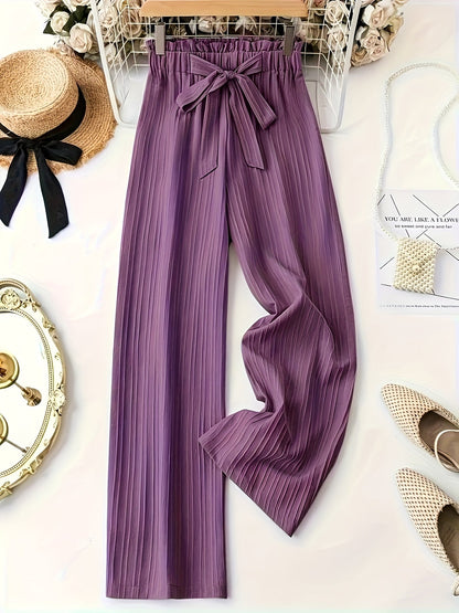 Pantalon large droit à taille élastique avec ceinture nœud pour femme, style élégant décontracté