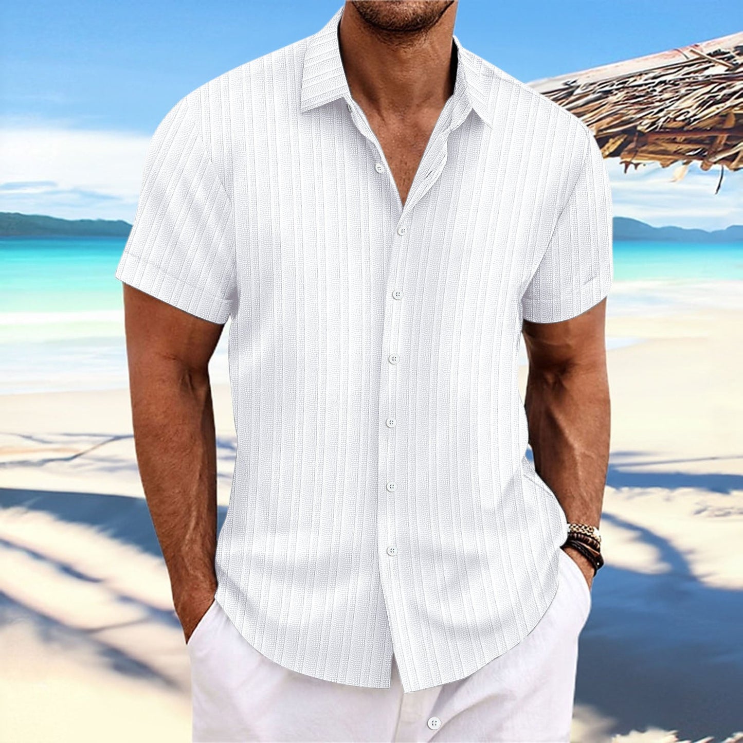 Chemise décontractée à rayures pour homme – Style estival chic, idéale pour la plage ou la ville