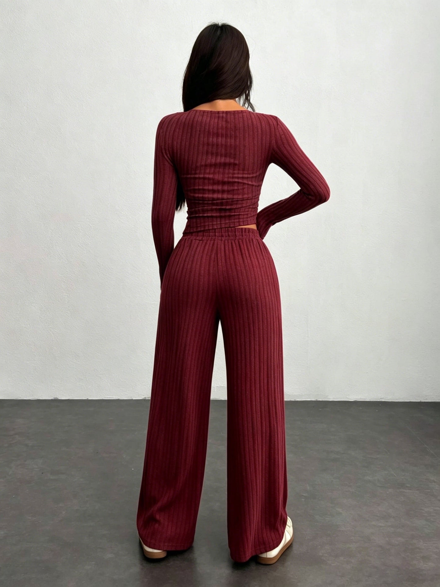 Ensemble côtelé femme 2 pièces pull court et pantalon large gris