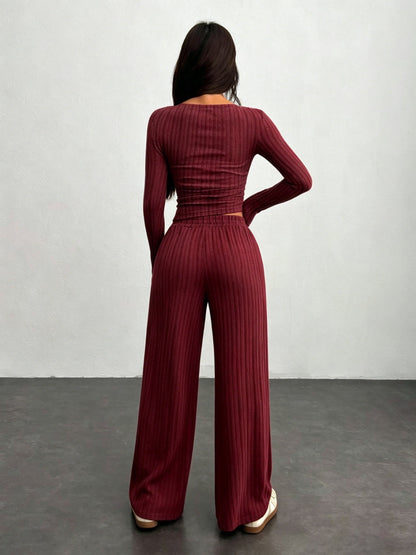 Ensemble côtelé femme 2 pièces pull court et pantalon large gris