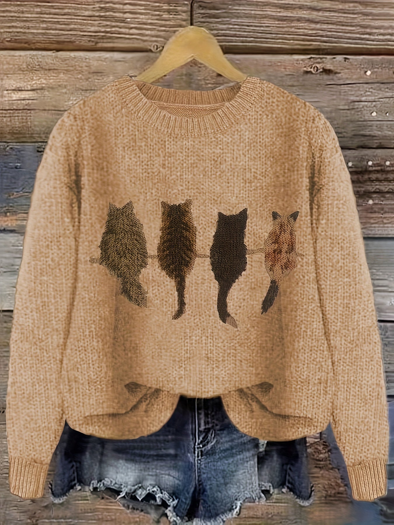Pull en maille femme col rond à motif chats manches longues