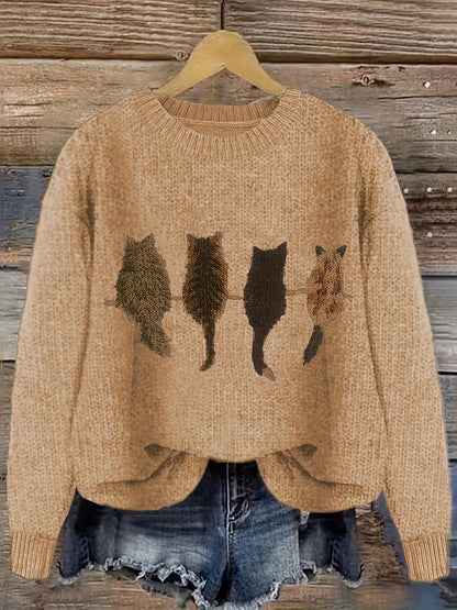 Pull en maille femme col rond à motif chats manches longues