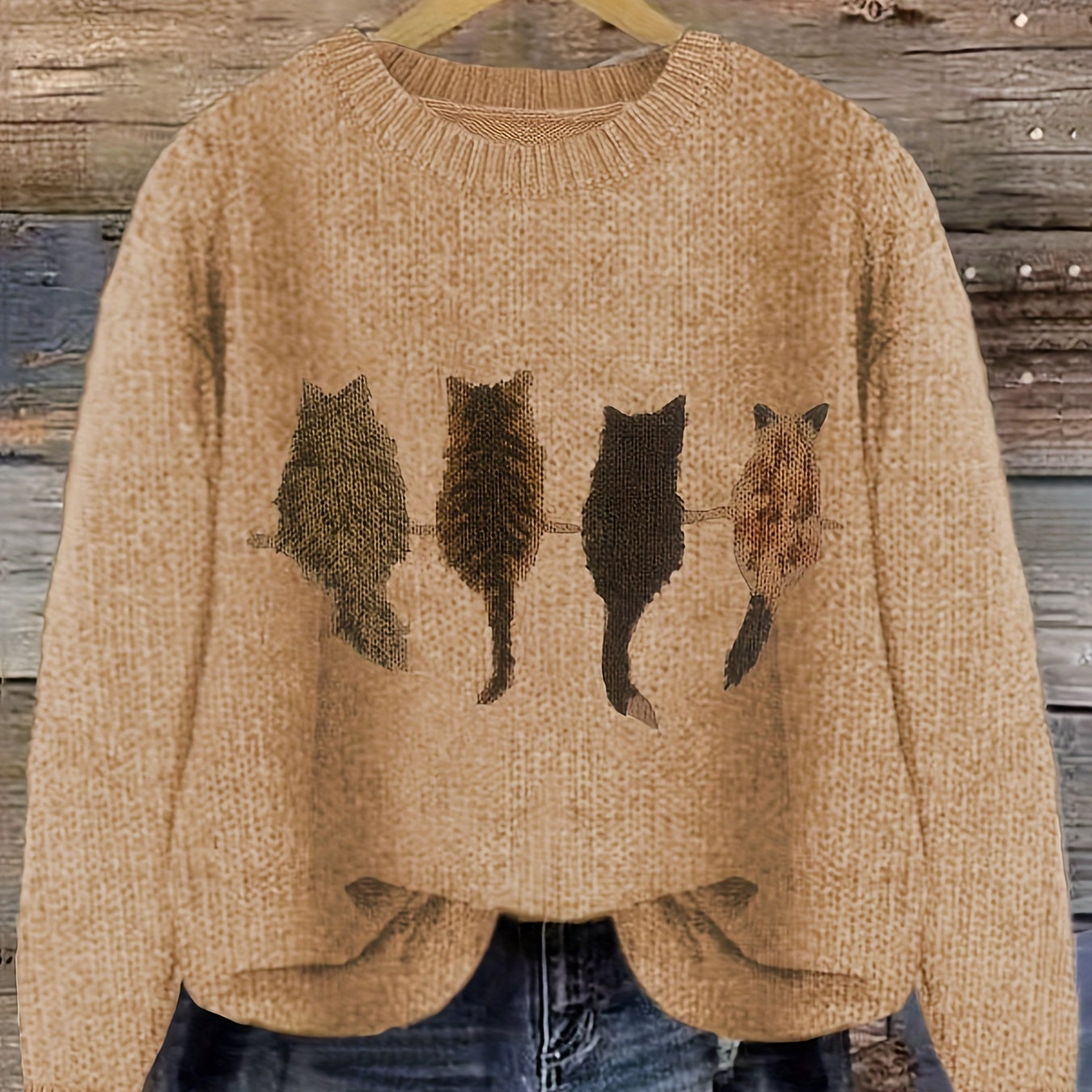 Pull en maille femme col rond à motif chats manches longues